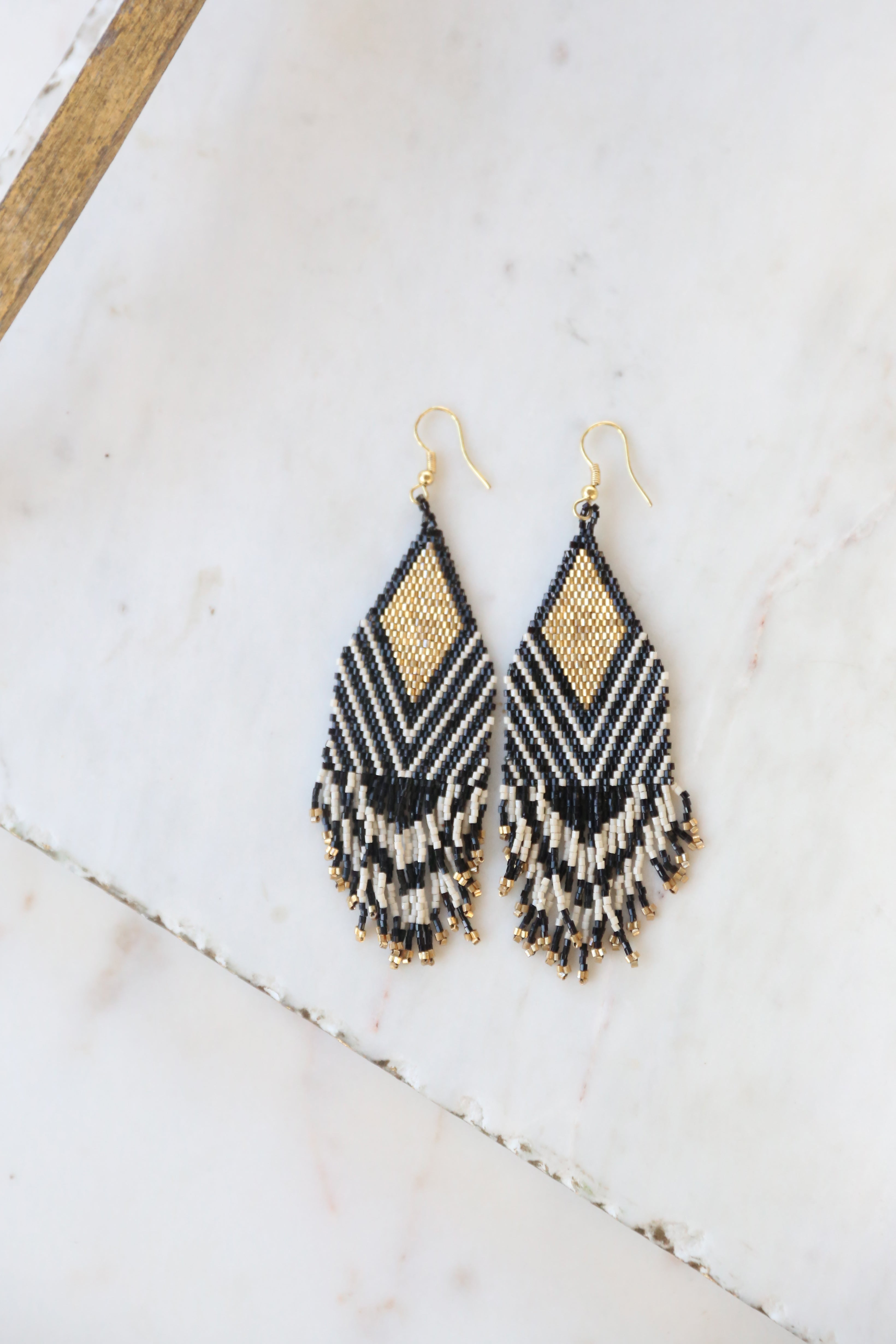 Black, Ivory + Gold Stripe Luxe Earrings